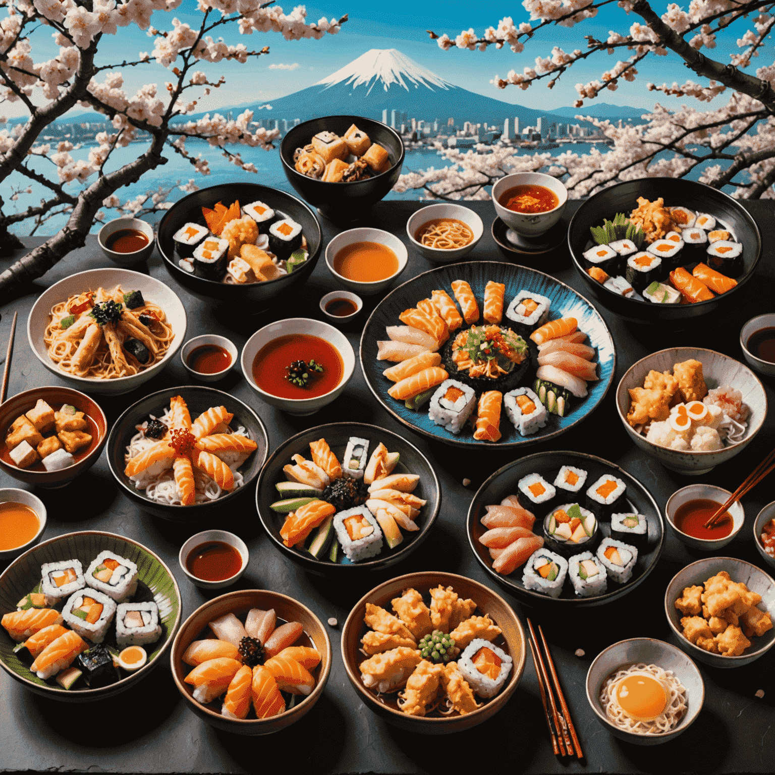 A vibrant collage of Japanese dishes including colorful sushi, steaming ramen, and crispy tempura against a backdrop of cherry blossoms