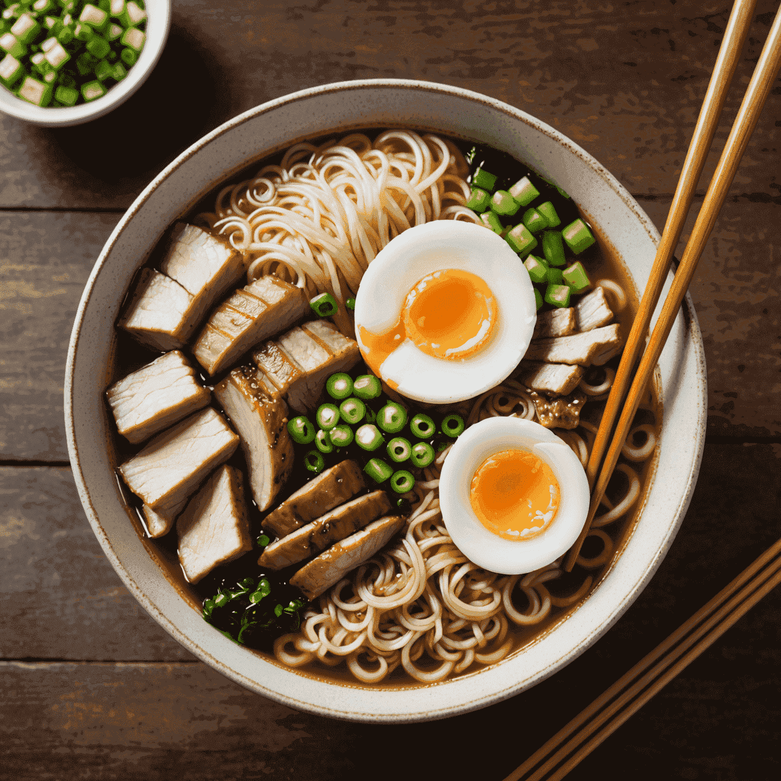 A steaming bowl of ramen with rich broth, tender noodles, sliced pork, soft-boiled egg, and fresh green onions. Chopsticks rest on the side of the bowl.