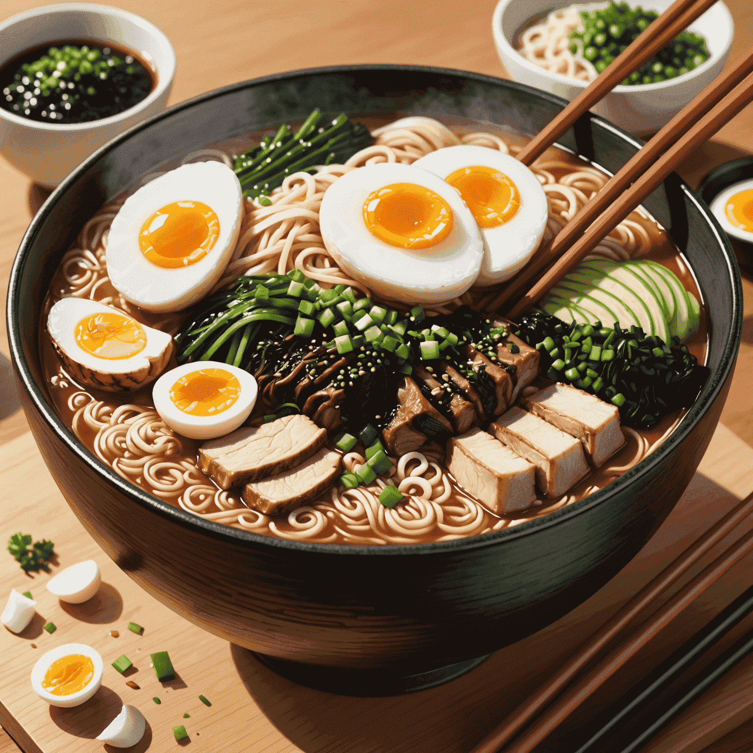 A steaming bowl of ramen with rich broth, tender chashu pork, soft-boiled egg, green onions, and nori, showcasing the art of ramen preparation