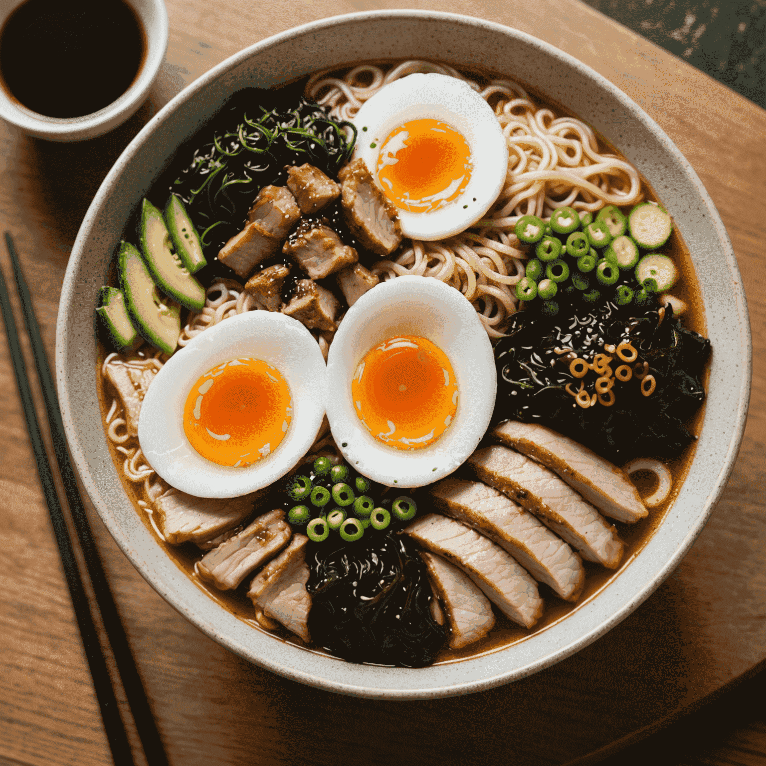 A steaming bowl of ramen with rich broth, curly noodles, sliced chashu pork, soft-boiled egg, nori, and green onions