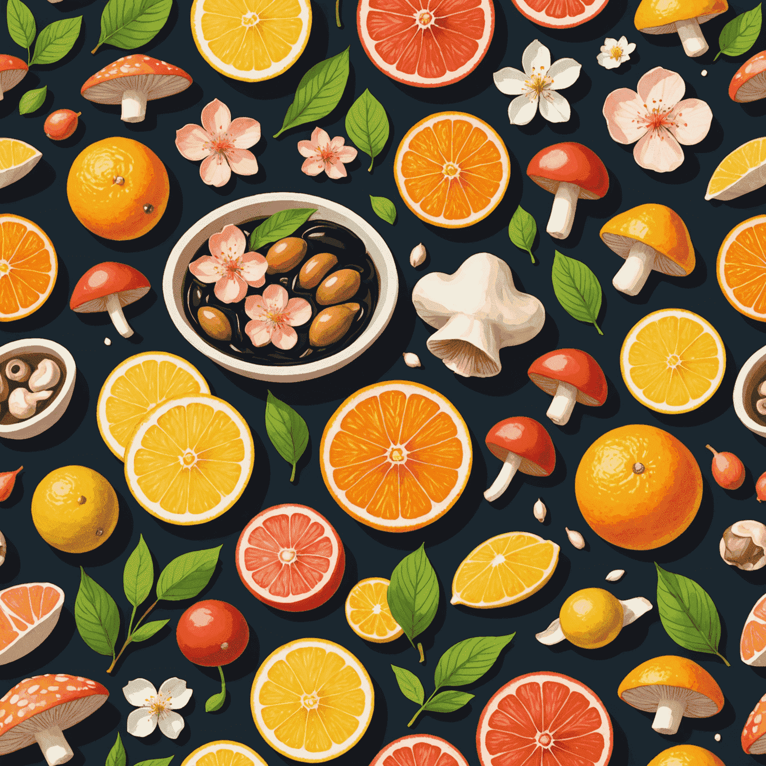 A collage of seasonal Japanese ingredients including spring cherry blossoms, summer ayu fish, autumn mushrooms, and winter yuzu citrus