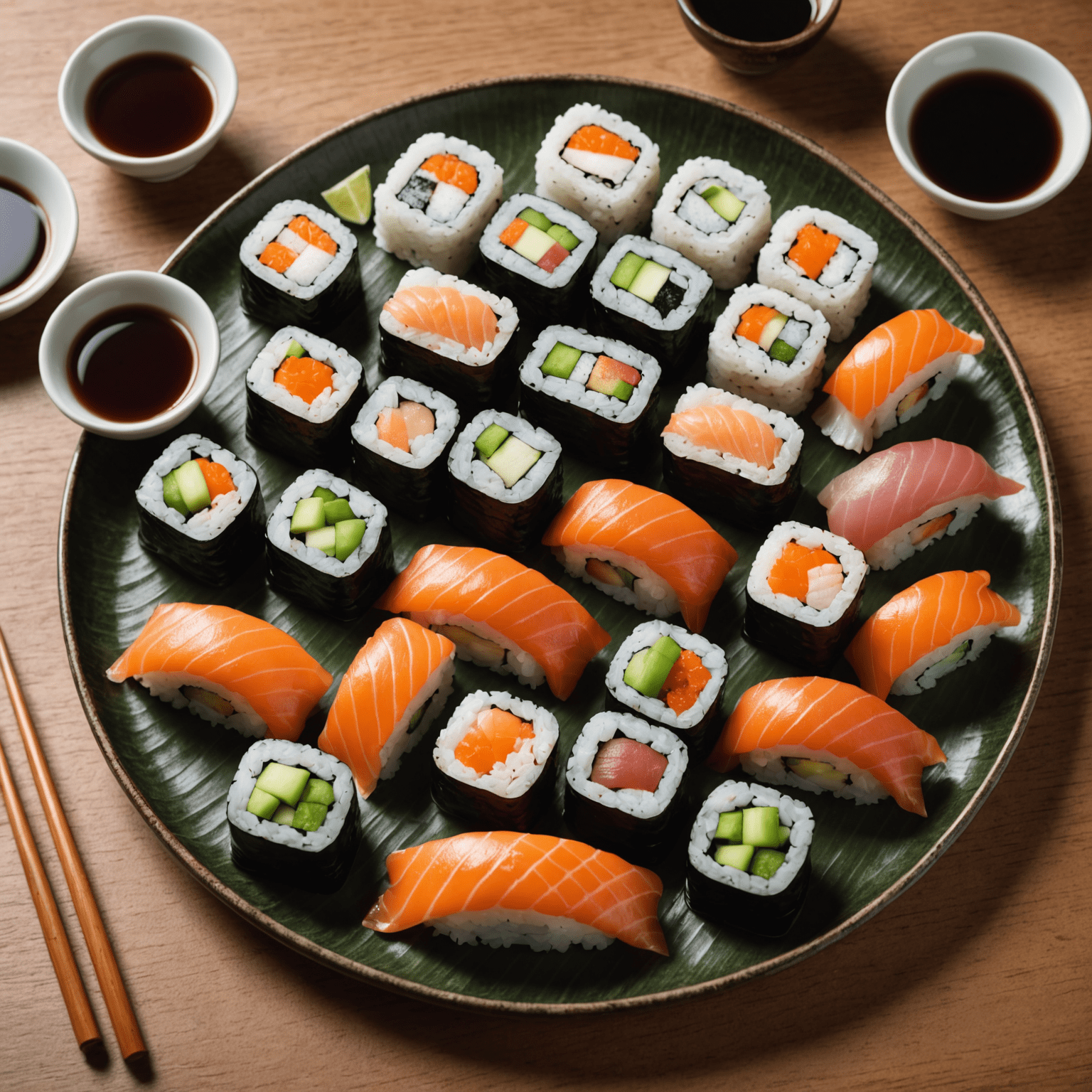 A beautifully arranged plate of various sushi rolls, including maki, nigiri, and temaki, with chopsticks and soy sauce on the side