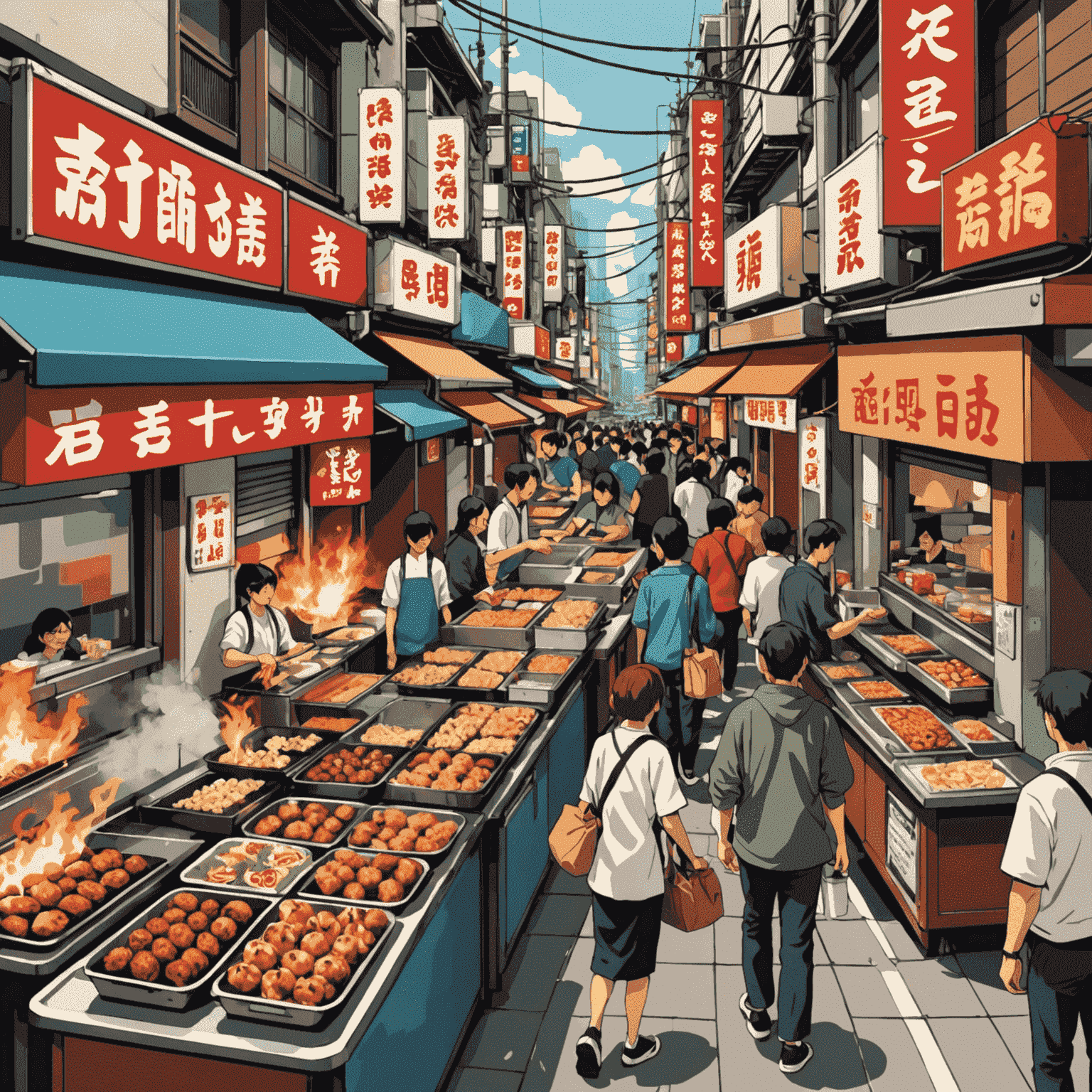 A vibrant collage of Japanese street food including takoyaki, okonomiyaki, and yakitori on a bustling Tokyo street