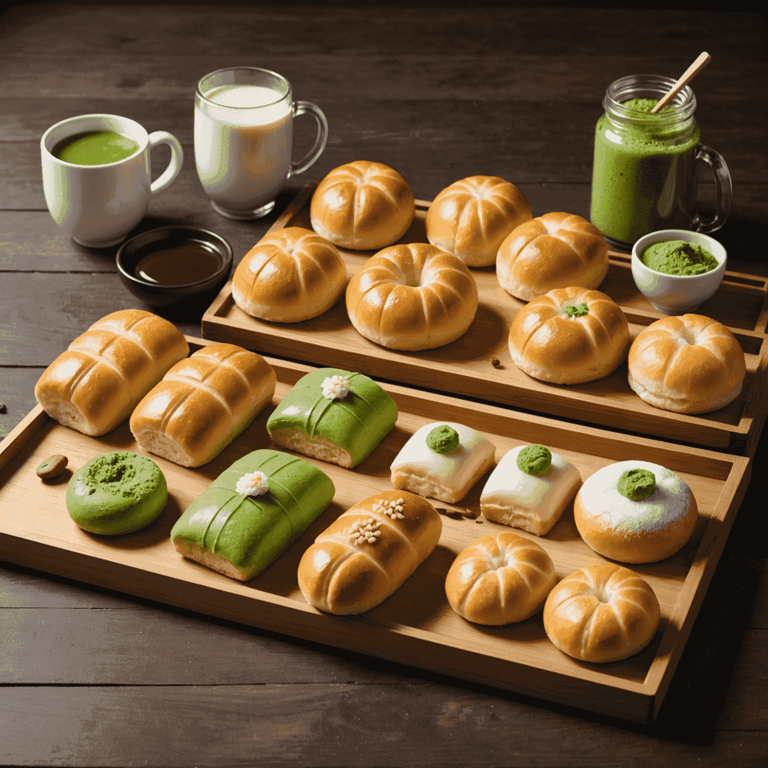 An assortment of Japanese baked goods including fluffy milk bread, matcha-flavored pastries, red bean buns, and delicate mochi cakes arranged on a wooden tray.