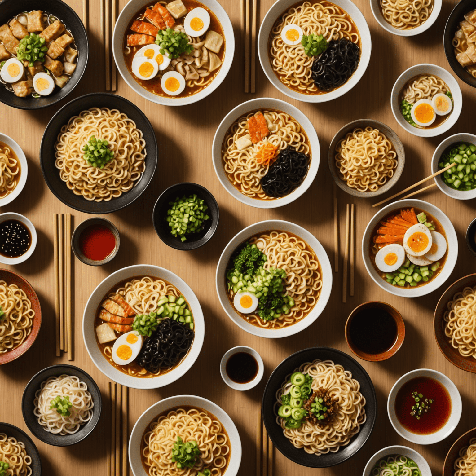 Various types of ramen noodles, from thin and straight to thick and wavy, displayed on bamboo mats