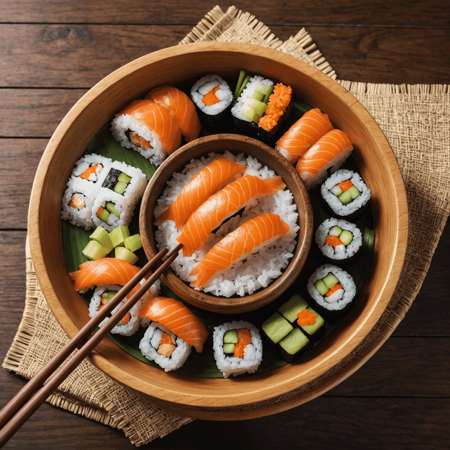 A wooden bowl filled with perfectly cooked and seasoned sushi rice, with a rice paddle resting on the side