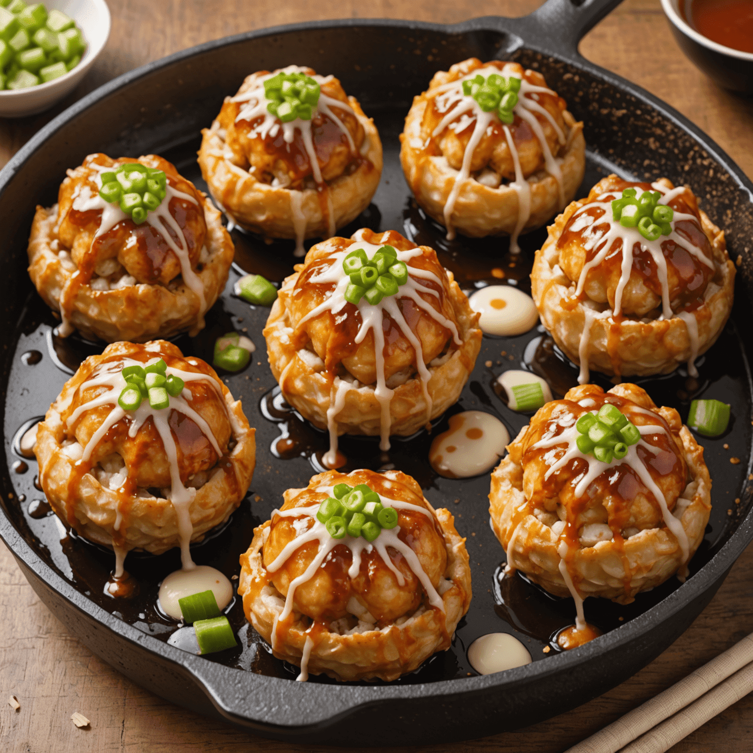 Close-up of golden-brown takoyaki balls in a special molded pan, topped with takoyaki sauce, mayonnaise, and bonito flakes