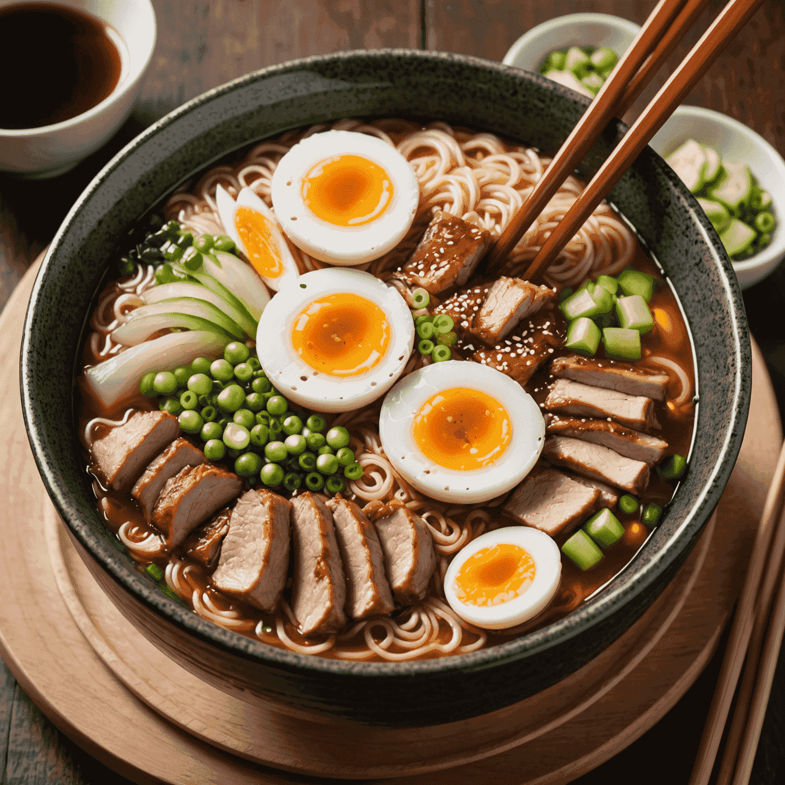 A steaming bowl of ramen with rich broth, tender noodles, sliced pork, soft-boiled egg, and green onions
