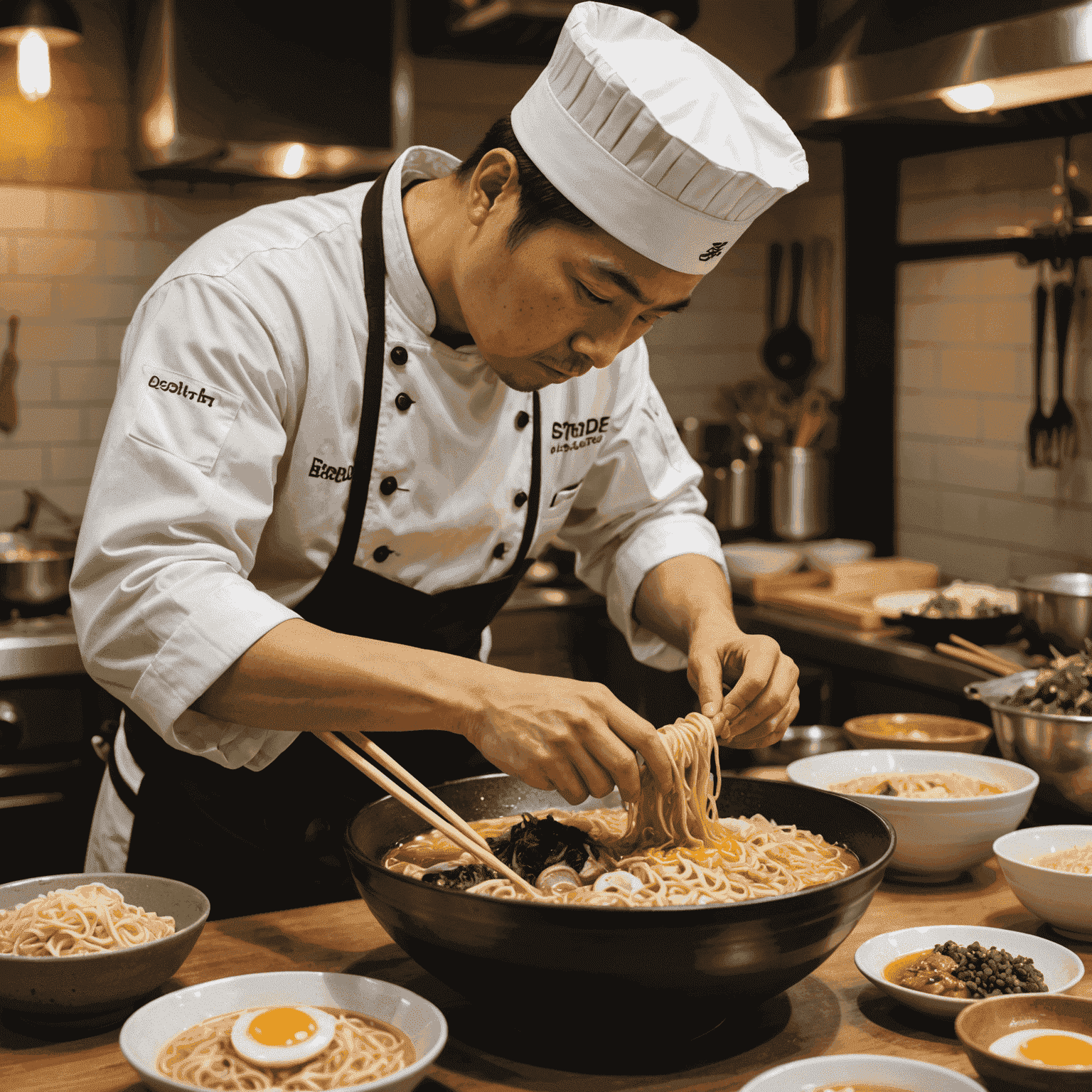 A chef assembling a bowl of ramen, carefully placing chashu, egg, and other toppings on the noodles before pouring the broth