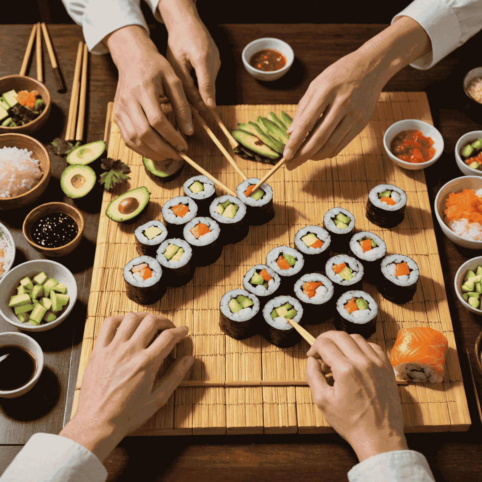 Hands using a bamboo mat to roll sushi, with ingredients like sliced fish, cucumber, and avocado visible