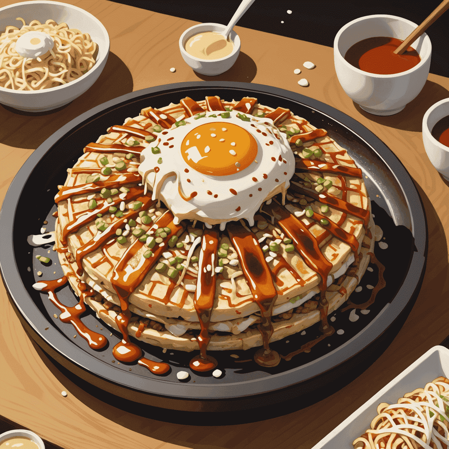A freshly made okonomiyaki on a teppan grill, topped with okonomiyaki sauce, mayonnaise, bonito flakes, and aonori