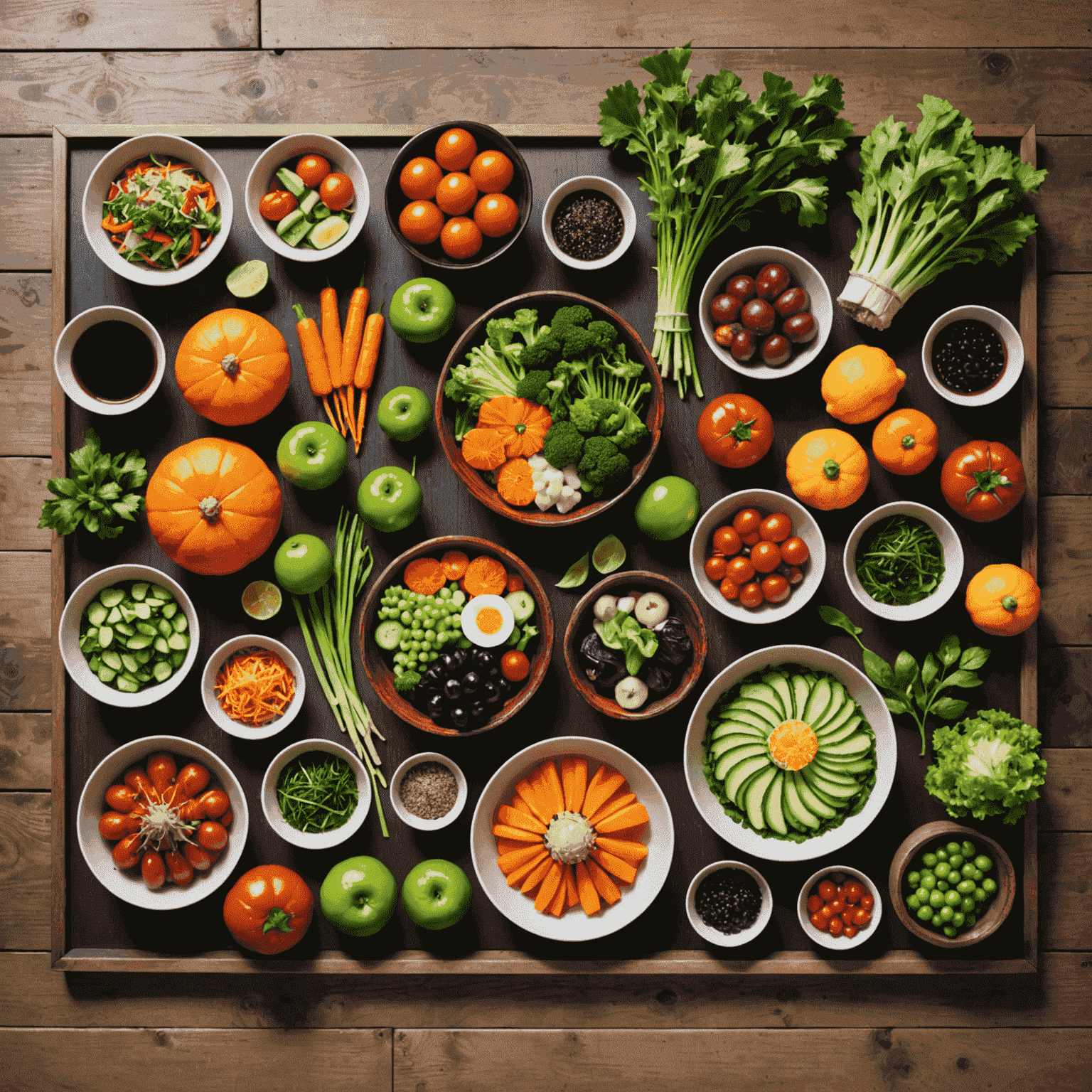 A colorful array of seasonal Japanese ingredients including fresh vegetables, fruits, and herbs arranged on a wooden table