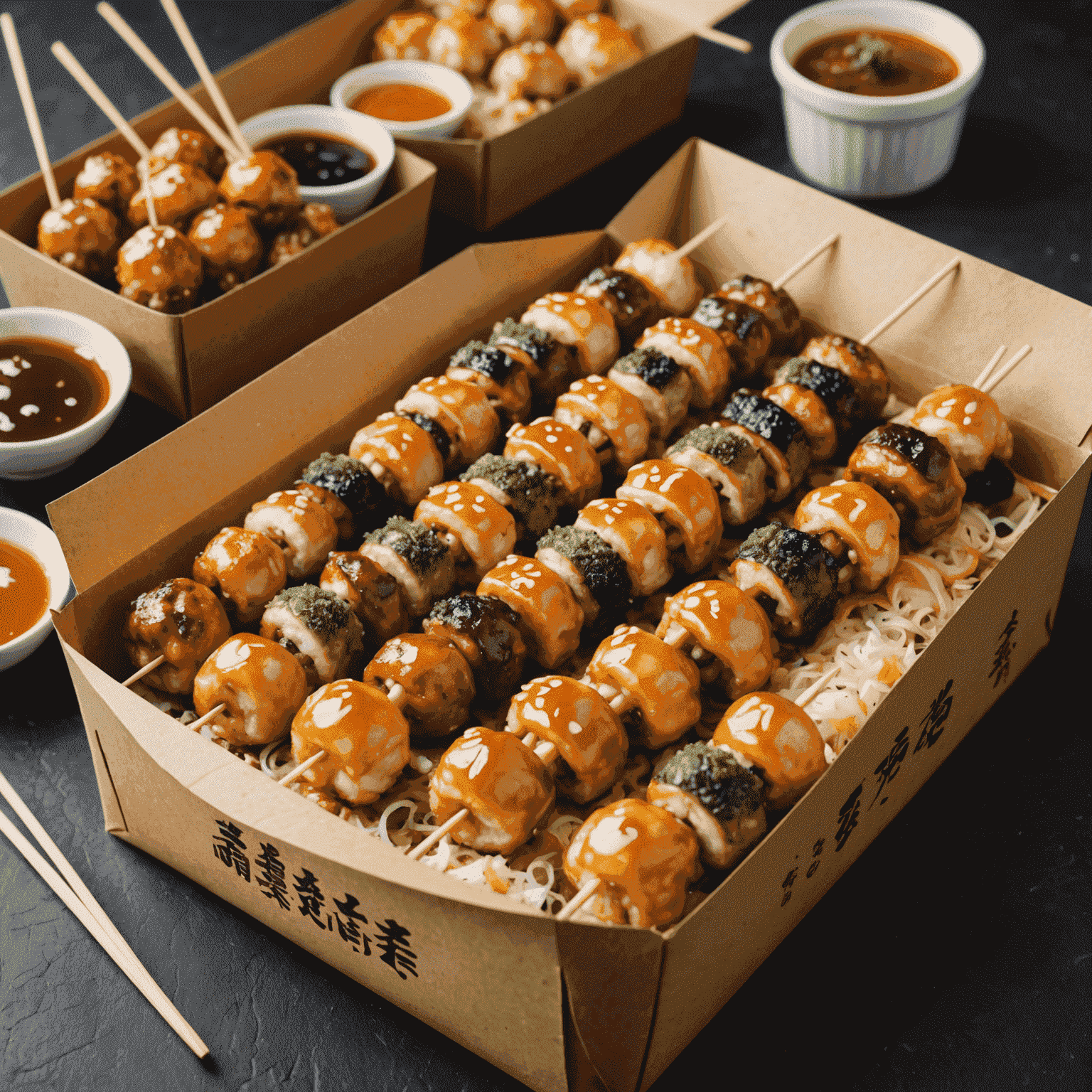 A mouthwatering display of Japanese street food including takoyaki, okonomiyaki, and yakitori skewers, served in traditional paper containers