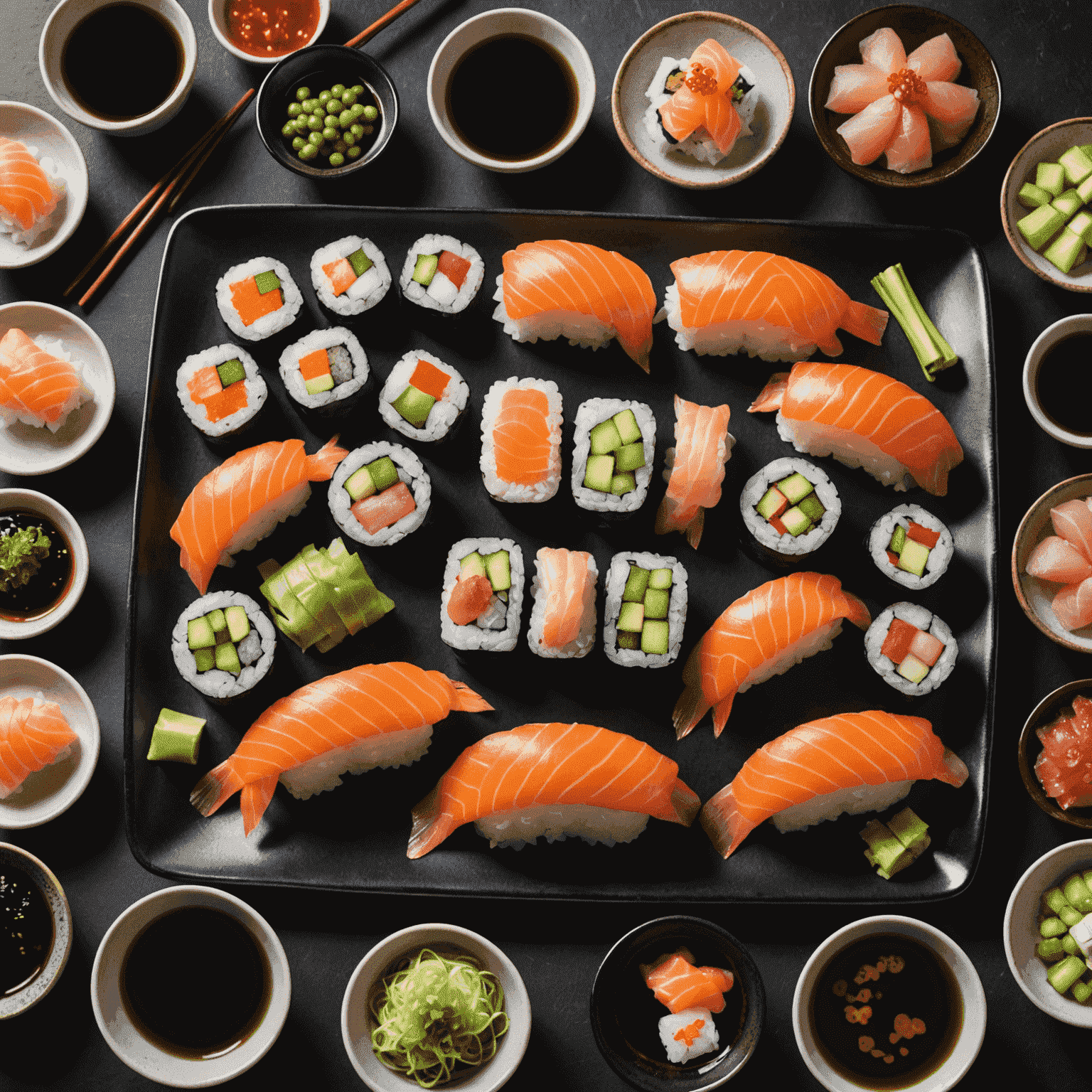 An elegantly presented sushi platter with various rolls, nigiri, sashimi, accompanied by wasabi, pickled ginger, and soy sauce in small dishes
