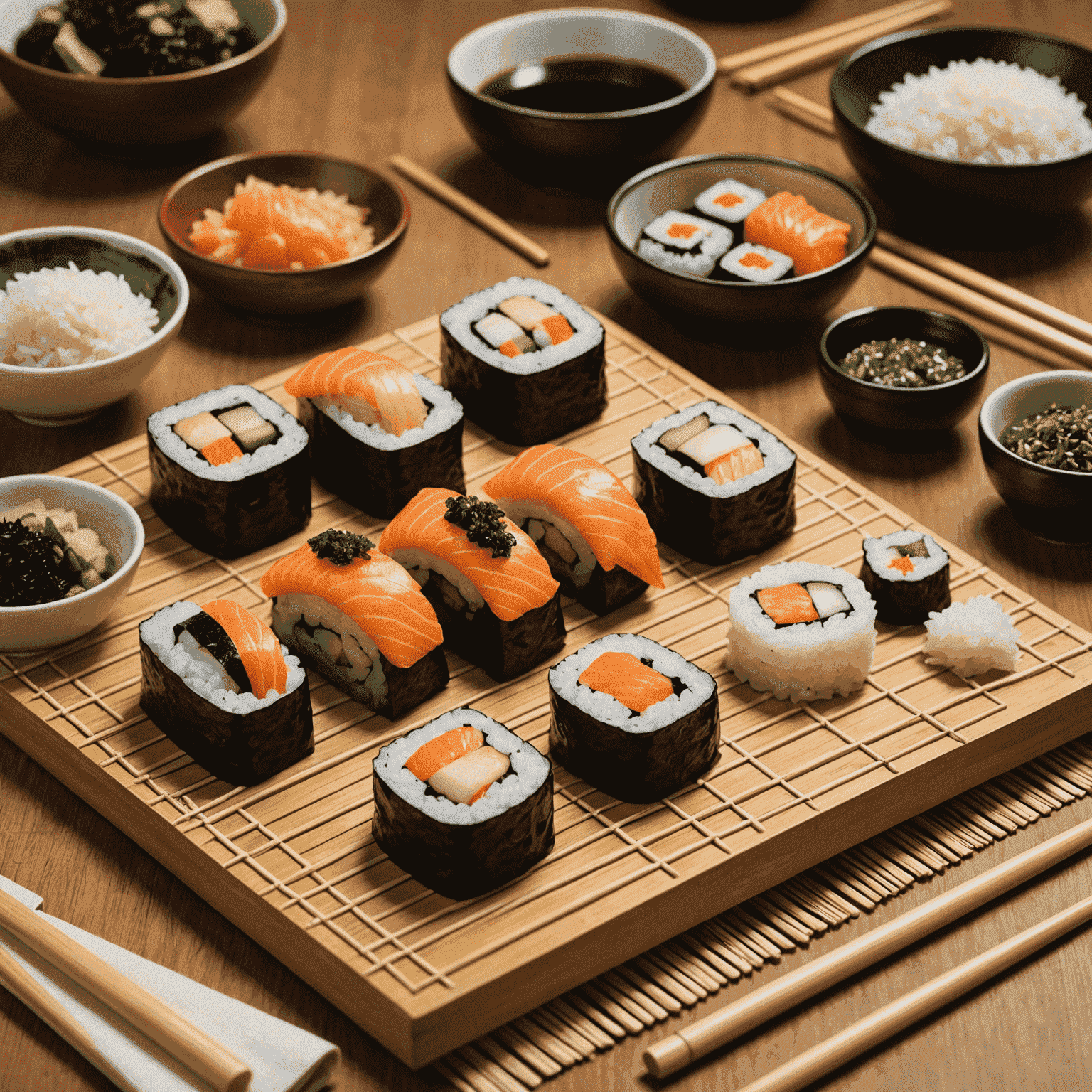 A sushi-making scene with a bamboo mat, fresh fish, rice, nori sheets, and various ingredients for making sushi rolls